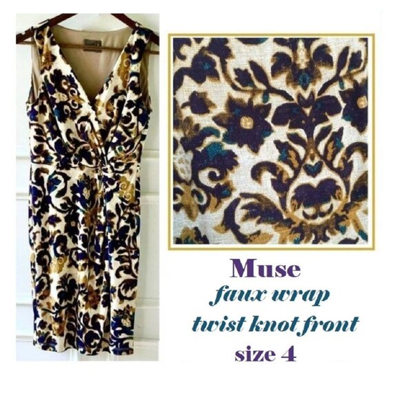 Muse Faux Wrap Front Twist Dress Womens Sz 4 Dress w/Stretch Knee Length Paisley - Picture 5 of 11